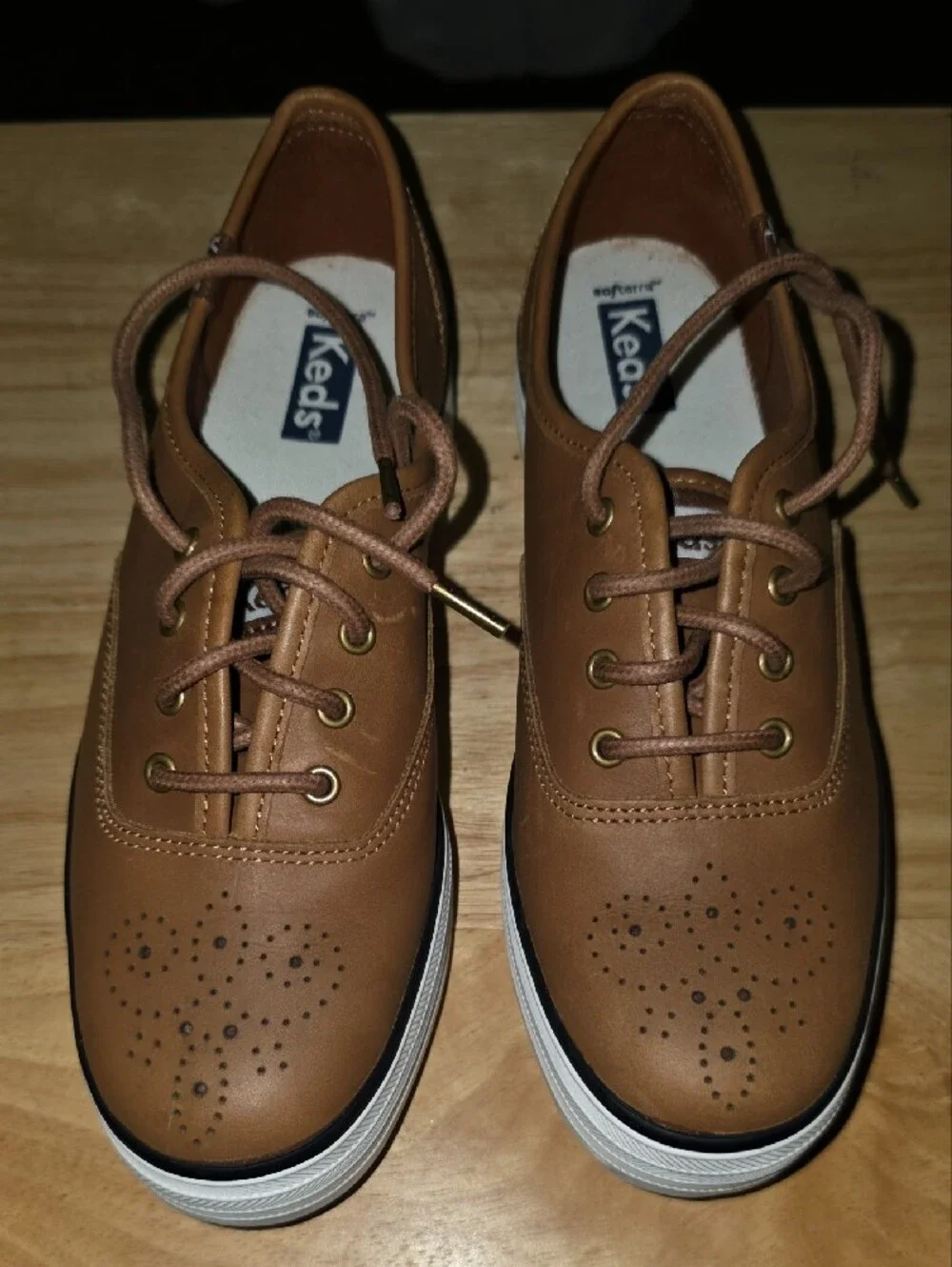 Keds Women’s Tan Leather-Style Boat Sneakers with White Sole